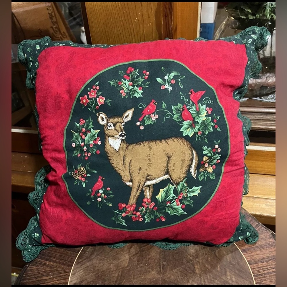 Vtg Winter Throw Pillow Deer Holly Doe Cardinals Ruffle Cabin Country Christmas